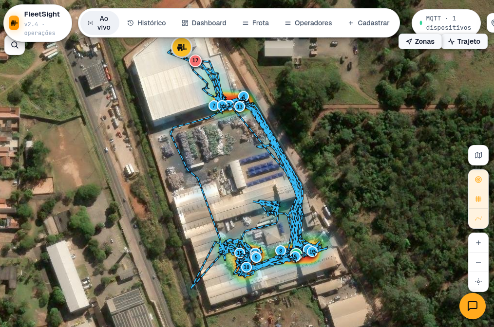 FleetSight live tracking map with real-time GPS trajectory