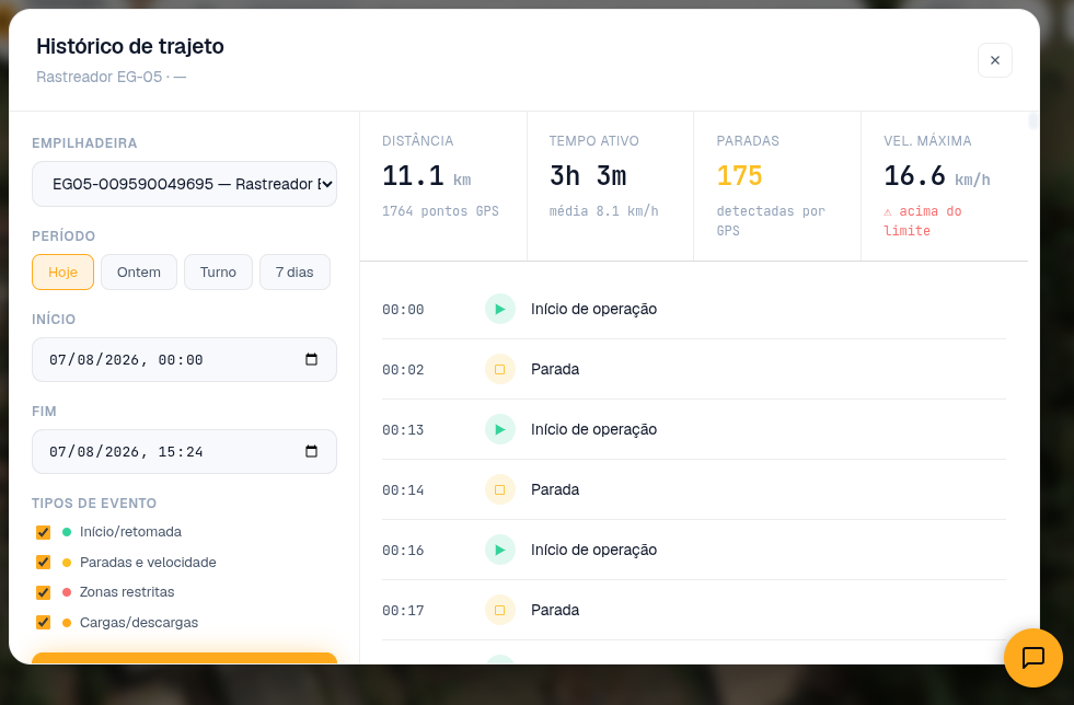 FleetSight trajectory history panel with distance, active time, stops and speed events